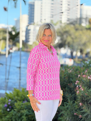 LULU B PALM BEACH LATTICE SLEEVE COLLAR TOP LULU-B