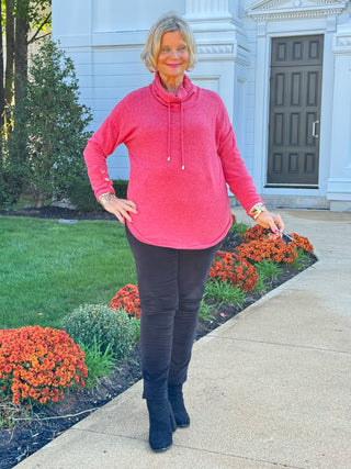 Women's Cowl Neck Cozy Hatchi Drawstring Top CHERRY