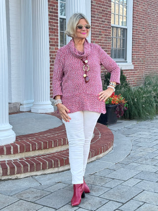 Women's Cowl Neck Spacedye Chenille Knit Top CHERRY