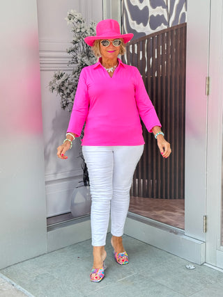 LULU-B HOT PINK SHORT SLEEVE STONE COLLAR V NECK