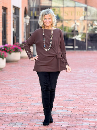 Women's Rib Knit Boat Neck Side Tie Top WALNUT Cathys Place