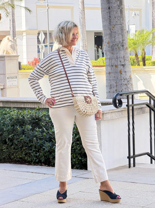 V-Neck Striped Hoodie - Navy CHARLIE B