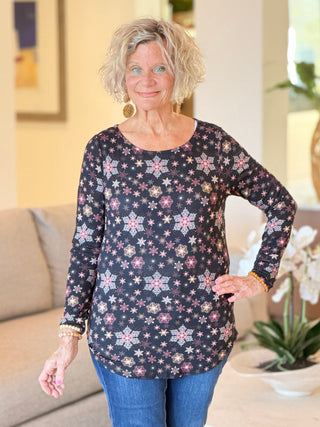 SNOWFLAKE PRINT LONG SLEEVE BOAT NECK TOP Cathys Place