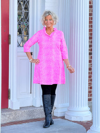 LULU B SPARKLING LEOPARD PINK RUFFLE SLEEVE  DRESS Cathys Place