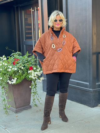 Stand Up Collar Quilted Cape Poncho Jacket RUST
