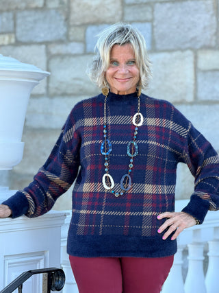Plaid Eyelash Mock Neck Sweater CHARLIE B