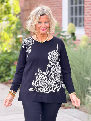 Women's Floral Placement Eyelash Sweater BLACK Cathys Place