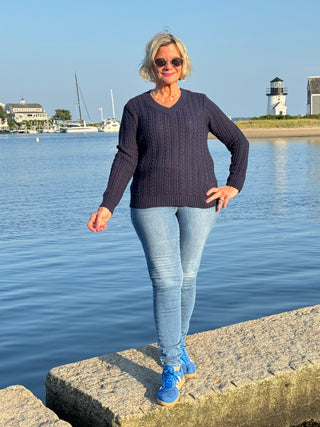 LULU-B NAVY CABLE CREW NECK SWEATER