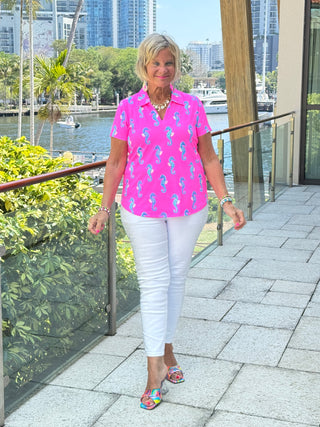 LULU B SEAHORSE BAY SHORT SLEEVE V-NECK COLLAR TOP