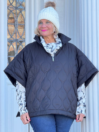 Quilted Short Sleeves Puffer Pullover Poncho Black Cathys Place
