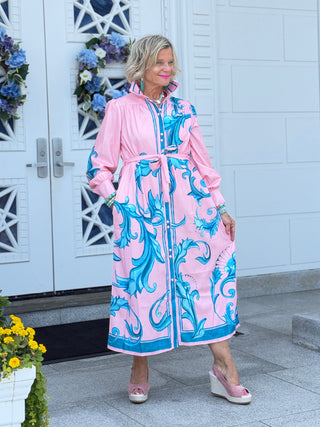 Elegant Floral Button-Down Maxi Dress with Belt CATHYS RESORTWEAR