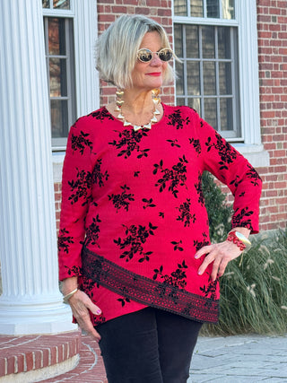 Women's Floral Flocked Texture Lace Trim Top Red Cathys Place