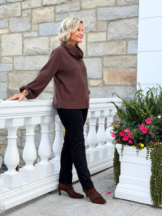 Women's Bubble Sleeve Cowl Neck Rib Knit Top WALNUT Cathys Place