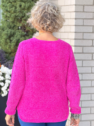Women's Luster Chenille V-Neck Cable Sweater FUSHIA Cathys Place
