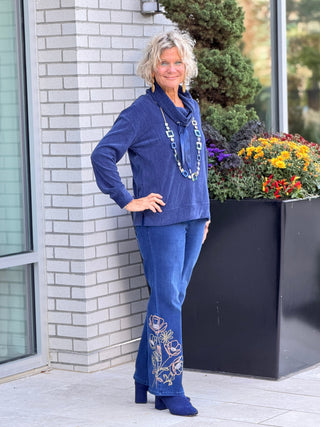 Women's Satin Drawstring Cowl Neck Velveteen Top NAVY Cathys Place