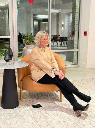 Leopard Camel Bow Decor Split Cuff Contrast Trim Sweater Cathys Place