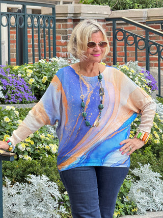Blue Wavy Round Neck Knit Printed Sweater