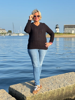 LULU-B CABLE BLACK V NECK SWEATER
