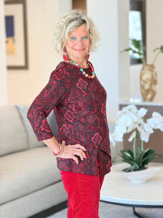Women's Floral Flocked Texture Lace Trim Top Red Cathys Place
