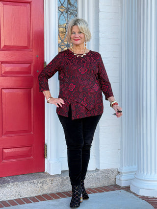 Women's Floral Flocked Texture Lace Trim Top BLACK Cathys Place