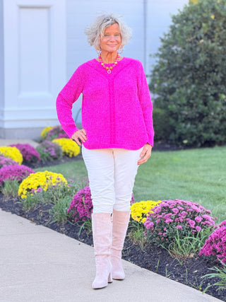 Women's Luster Chenille V-Neck Cable Sweater FUSHIA Cathys Place