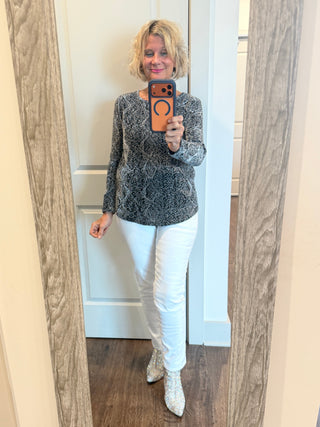 LONG SLEEVE METALLIC TEXTURED KNIT TOP Cathys Place