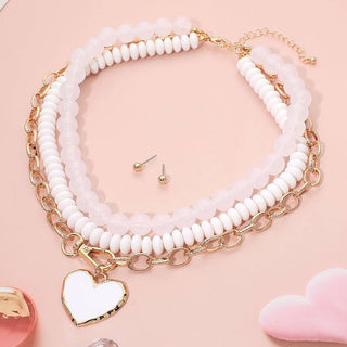 Enamel Heart Pendant Accent Chunky Beaded Layered Statement Necklace Sensibling Corp.