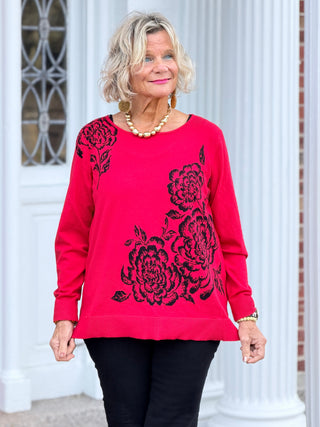 Women's Floral Placement Eyelash Sweater RED Cathys Place