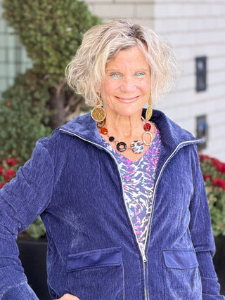 Women's Portrait Collar Velveteen Zip Front Jacket NAVY Cathys Place