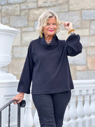 Women's Bubble Sleeve Cowl Neck Rib Knit Top BLACK Cathys Place