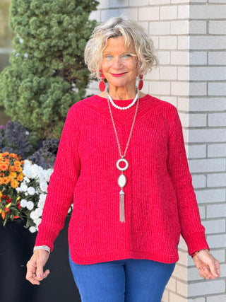 Women's Luster Chenille V-Neck Cable Sweater RED Cathys Place