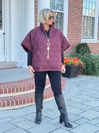 Quilted Short Sleeves Puffer Pullover Poncho Burgundy