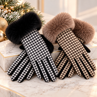 Faux Fur Cuff Mini Houndstooth Gloves (TS) Original USA