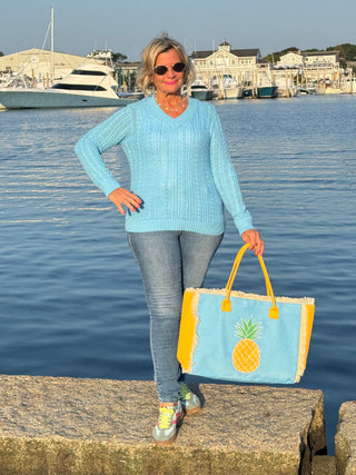 EMBROIDERED PINEAPPLE PATCH FRINGE TOTE BAG.