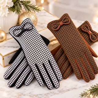 Small Houndstooth Faux Suede Gloves w/ Bow Original USA