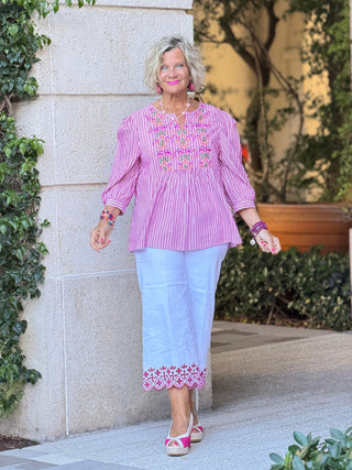 Women's Embroidered Placket Stripe Blouse Cathys Place