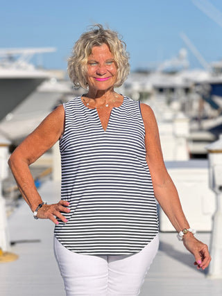 NAUTICAL NAVY NOTCH SLEEVELESS TOP LULU-B