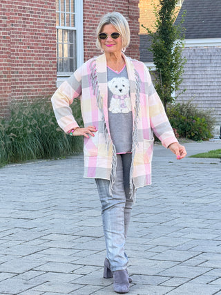 Women's Luxe Plaid Fringed Sweater Cardigan