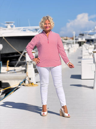 NAUTICAL RED STRIPED HALF ZIPPER TOP LULU-B