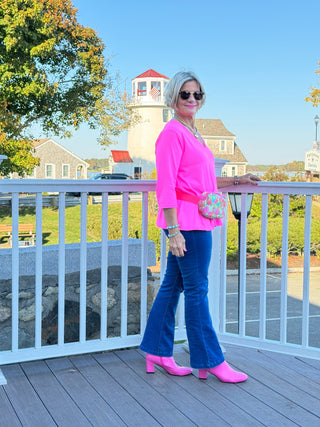 COLOR BLOCK FUCHSIA POCKET SWEATER