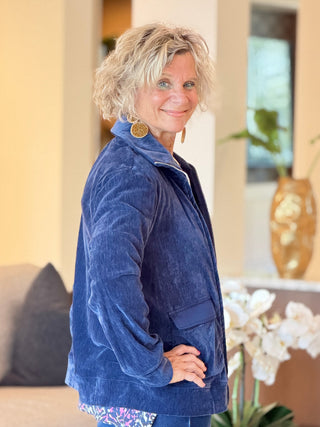 Women's Portrait Collar Velveteen Zip Front Jacket NAVY Cathys Place