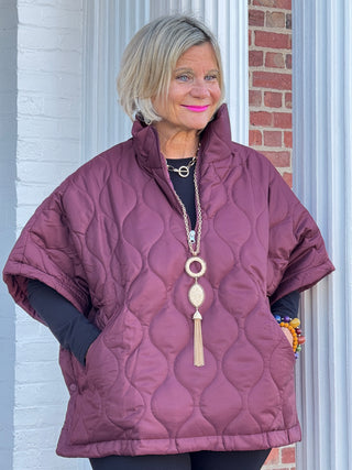 Quilted Short Sleeves Puffer Pullover Poncho Burgundy