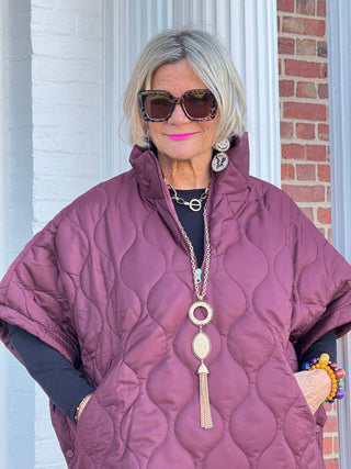 Quilted Short Sleeves Puffer Pullover Poncho Burgundy