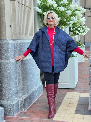 Oversize Quilted Puffer Hood Cape Poncho  NAVY