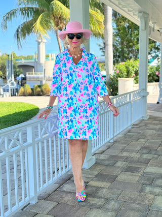 PINK PETALS RUFFLE NECK DRESS