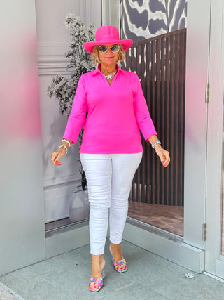 LULU-B HOT PINK SHORT SLEEVE STONE COLLAR V NECK