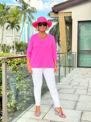 TAILORED HOT PINK SLEEVE V NECK TOP