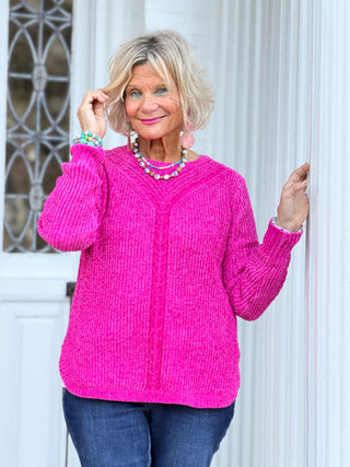 Women's Luster Chenille V-Neck Cable Sweater FUSHIA Cathys Place