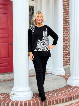 Women's Floral Placement Eyelash Sweater BLACK Cathys Place