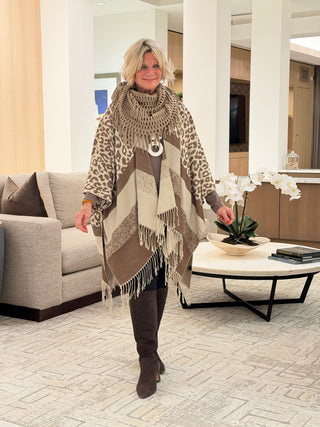 Leopard Bold Striped Oversized Slouchy Western Cape Poncho Cap Zone